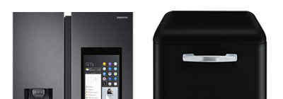 Black american style fridge and black mini fridge.