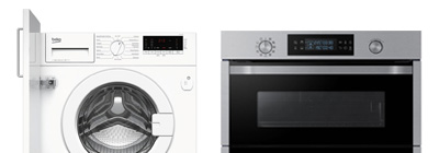 white washing machine with door and a grey cooker side by side.