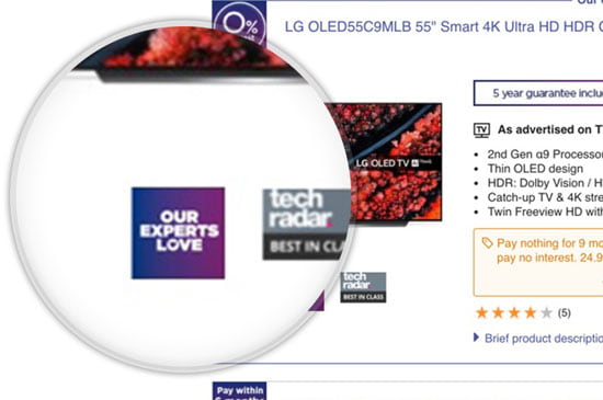 The Currys website, highlighting the 'our experts love' badge next to product images. Mobile version of image.